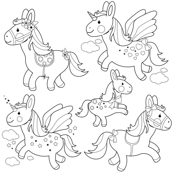 Cute Ponies Unicorns Vector Black White Coloring Page — Stock Vector