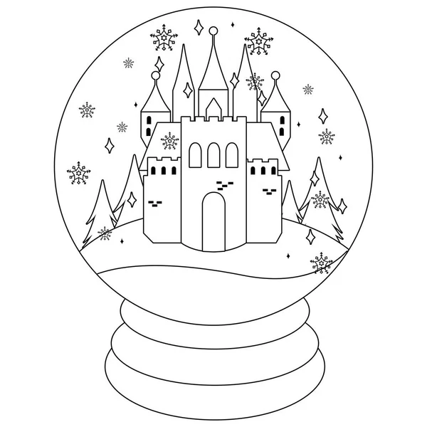 童话雪球与城堡 矢量黑白着色页 — 图库矢量图片