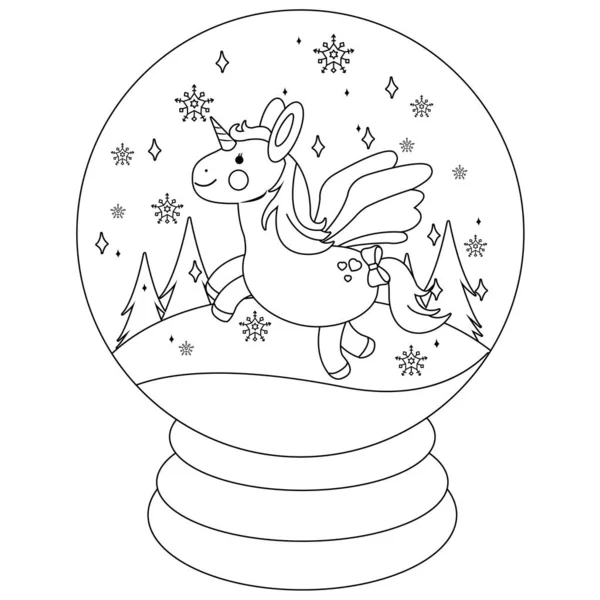 Fairy Tale Snow Globe Unicorn Vector Black White Coloring Page — Stock Vector