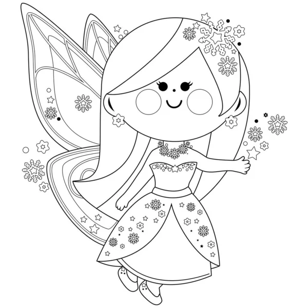 Beautiful Winter Fairy Vector Black White Coloring Page — Stock Vector