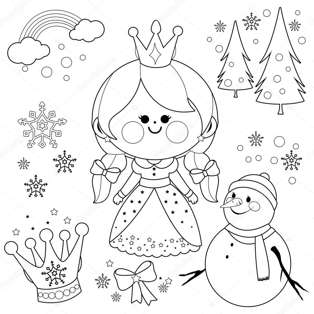 Beautiful snow princess and snowman. Vector black and white coloring page.
