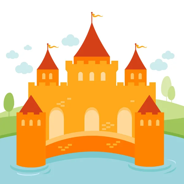 Château Dans Eau Dans Beau Paysage Avec Des Arbres Illustration — Image vectorielle