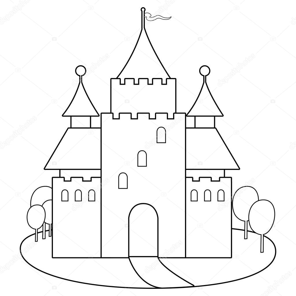 Fairy tale castle. Vector black and white coloring page