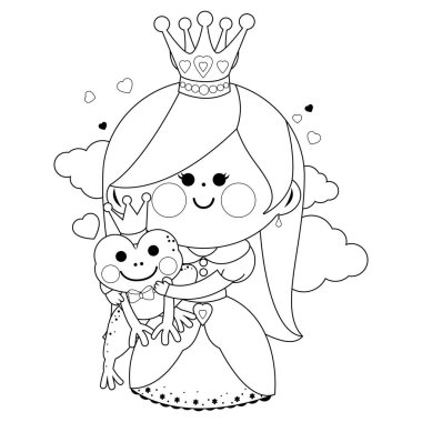 Prenses ve sihirli kurbağa masalı. Vektör siyah ve beyaz renk sayfası