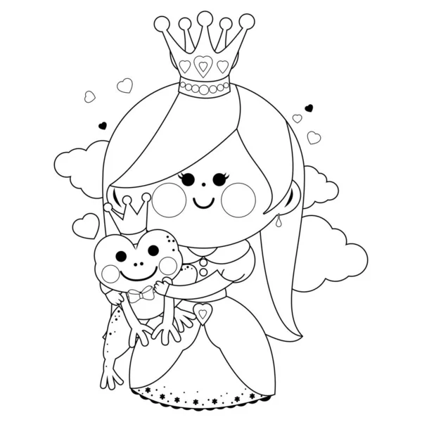Princess Magic Frog Fairy Tale Vector Black White Coloring Page — Stock Vector