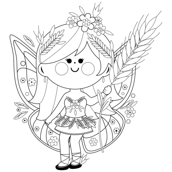 Beautiful Summer Fairy Girl Vector Black White Coloring Page — Stock Vector
