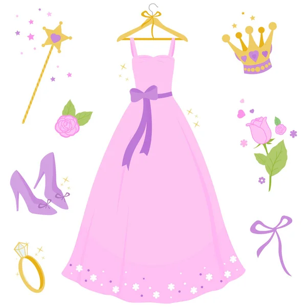 Beautiful Pink Princess Dress Vector Illustration Set — Stock Vector