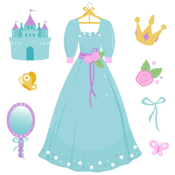 Vacker Blå Prinsessa Klänning Vektor Illustration Set — Stock vektor