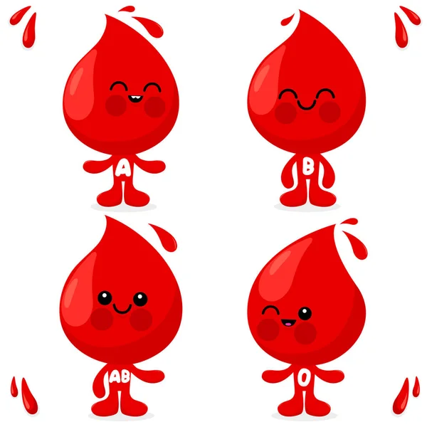 可爱的卡通血滴 不同的血型献血概念人物 矢量说明 — 图库矢量图片