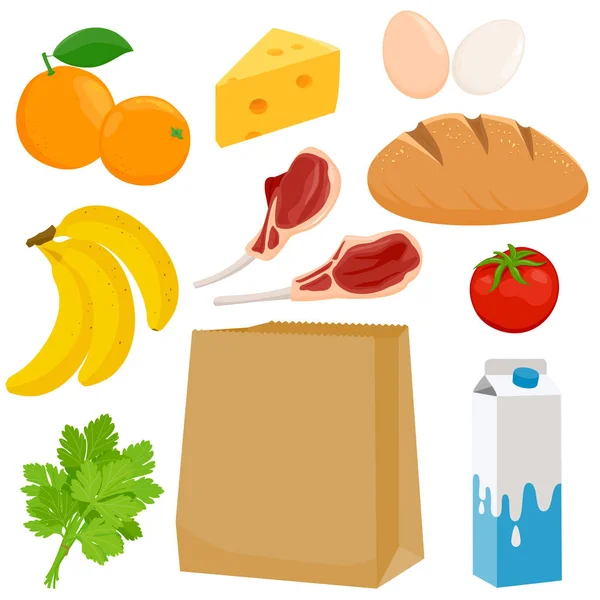 纸制购物袋和食品杂货 蔬菜和奶酪 矢量说明 — 图库矢量图片