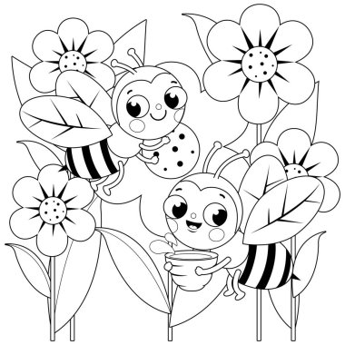 Arılar çiçeklerin etrafında uçar. Vektör siyah ve beyaz renk sayfası