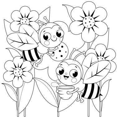 Bees flying around flowers. Vector black and white coloring page clipart