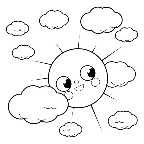 Cute Sun Clouds Sky Vector Black White Coloring Page — Image vectorielle