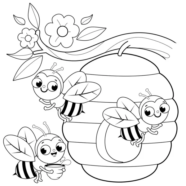 Des Abeilles Volent Autour Une Ruche Coloriage Vectoriel Noir Blanc — Image vectorielle