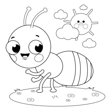 Cute ant cartoon in the grass. Vector black and white coloring page