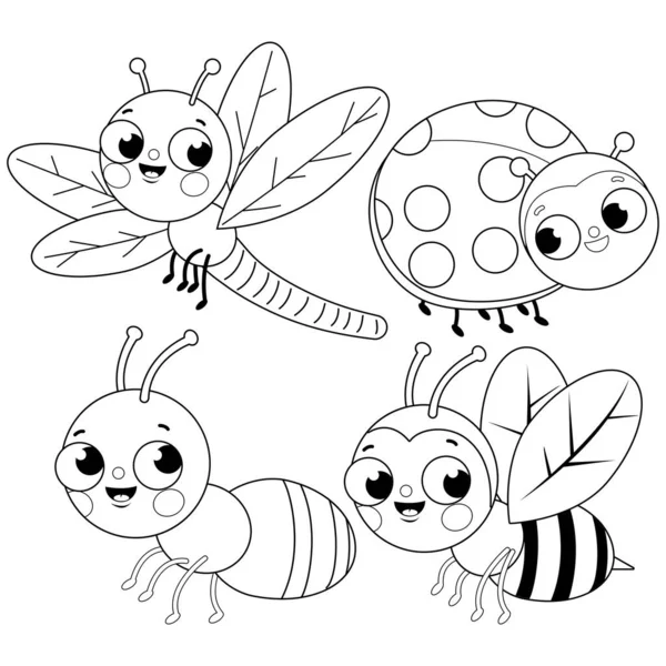 Set Cute Bugs Dragonfly Ladybug Ant Bee Vector Black White — стоковый вектор
