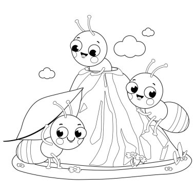 Anthill and ant workers carrying food into their nest. Vector black and white coloring page