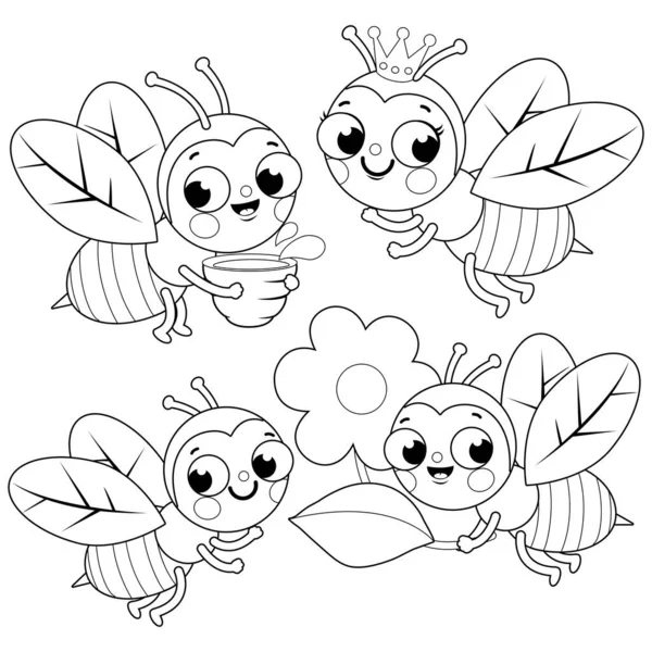 Jolies Abeilles Coloriage Vectoriel Noir Blanc — Image vectorielle