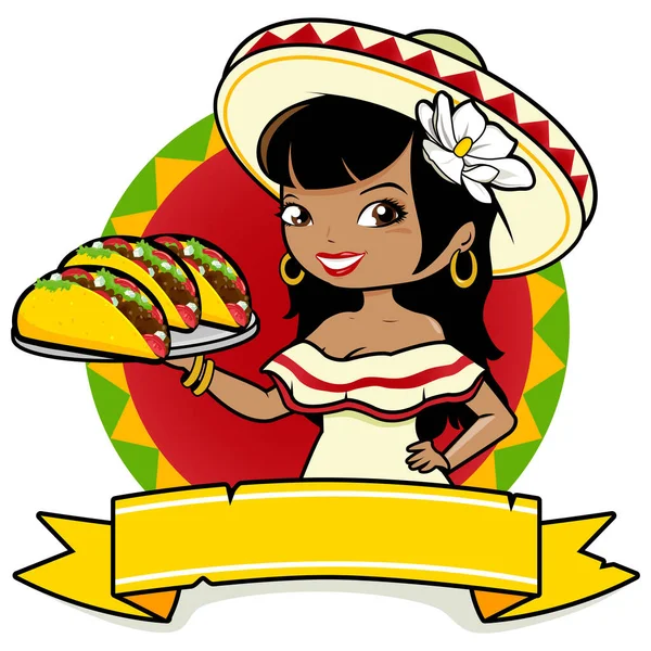 Mexican Waitress Serving Tacos Vector Illustration — 스톡 벡터