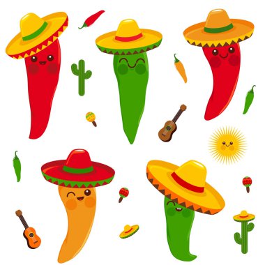 Sombrerolu tatlı Meksika usulü kırmızı biber karakterleri. Vektör illüstrasyonu