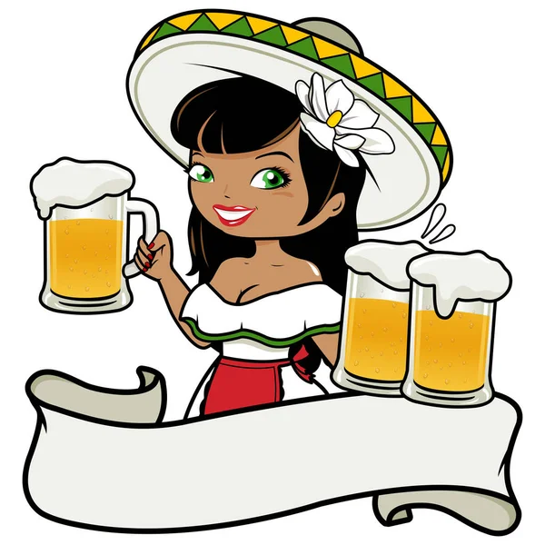 Leeres Banner Mit Einer Mexikanischen Kellnerin Die Bier Serviert Vektorillustration — Stockvektor
