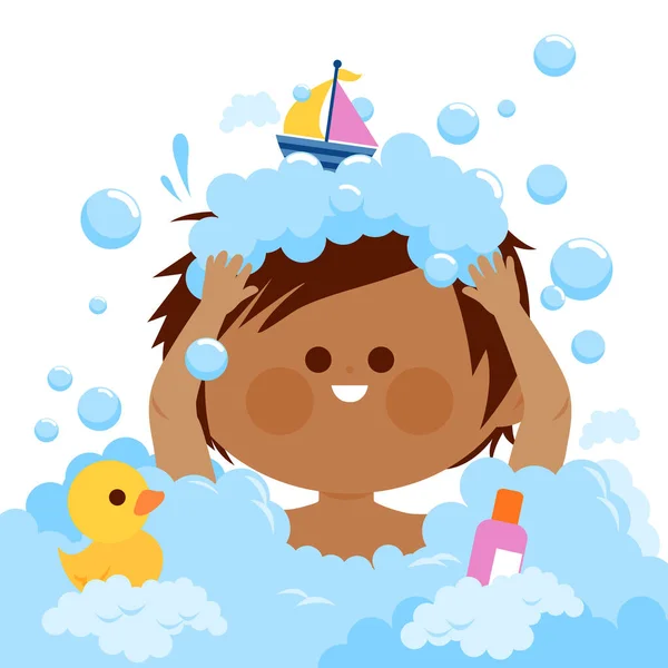 Little Child Taking Bubble Bath Washing His Hair Vector Illustration — Stock Vector