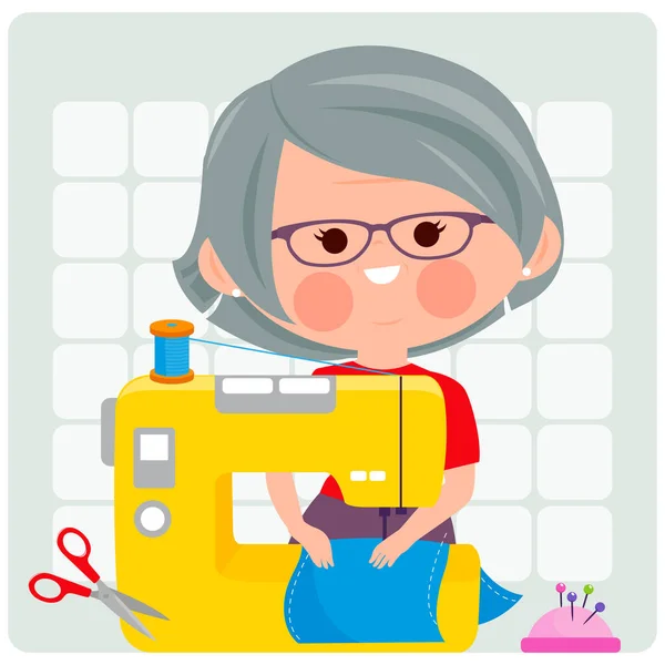 Cucitrice Anziana Usando Sua Macchina Cucire Illustrazione Vettoriale — Vettoriale Stock