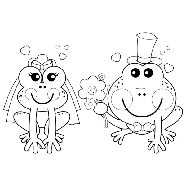 Cartoon Bride Groom Frogs Frogs Wedding Vector Black White Coloring — Vetor de Stock