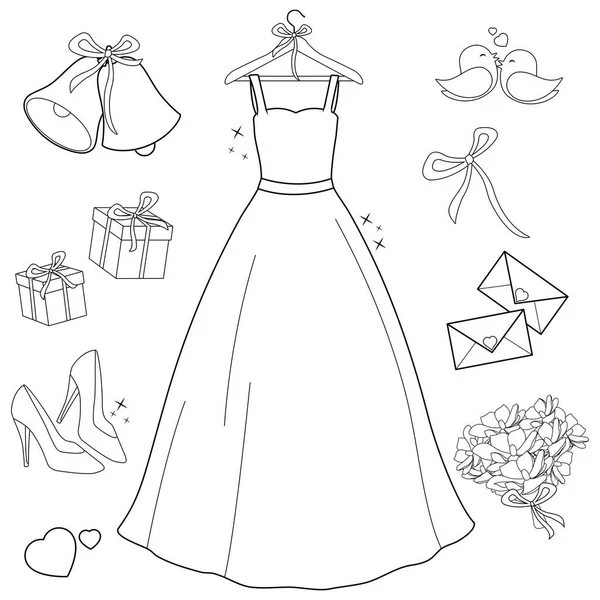 Wunderschönes Brautkleid Und Hochzeitsobjekte Set Vector Schwarz Weiß Malseite — Stockvektor