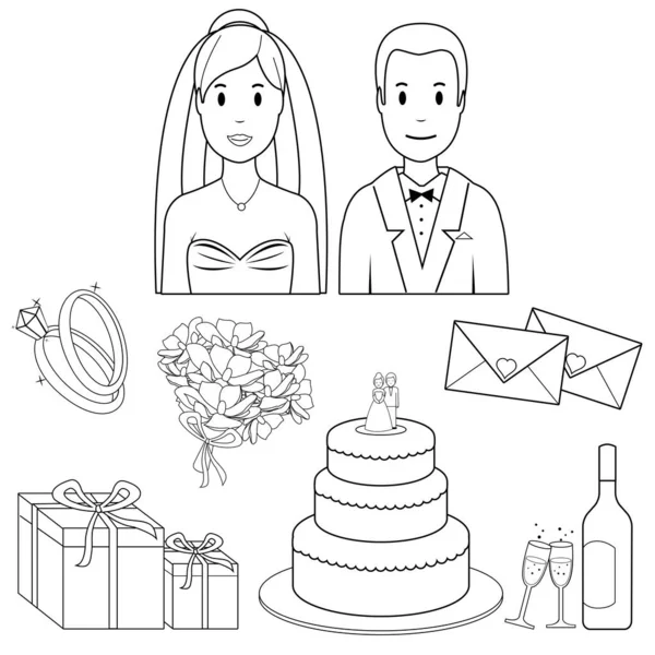 Wedding Set Bride Groom Vector Black White Coloring Page — Vetor de Stock