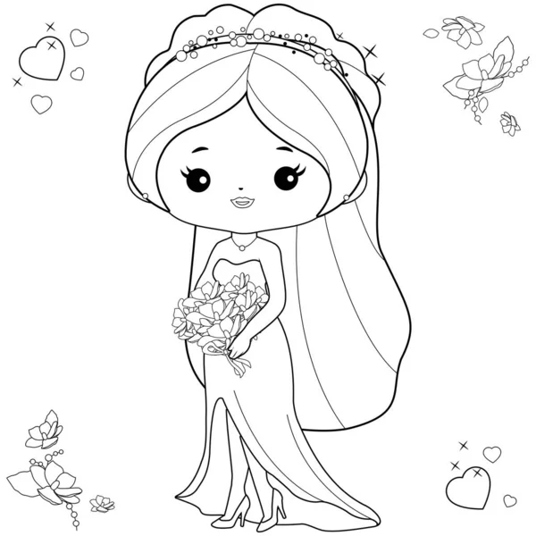 Beautiful Bride Cute Wedding Dress Vector Black White Coloring Page — Vector de stock