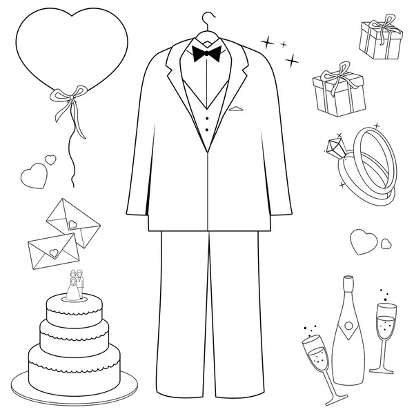 Groom Suit Wedding Objects Set Vector Black White Coloring Page — Vetor de Stock