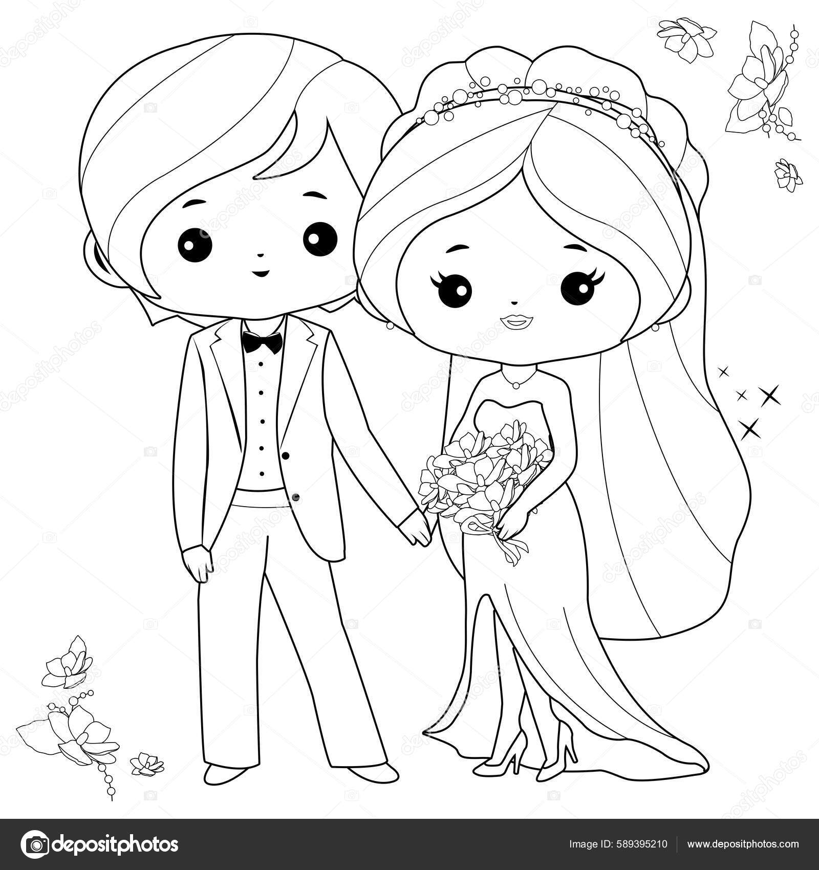Bride Groom Vector Black White Coloring Page Stock Vector by ©stockakia  589395210, image size:1600x1700