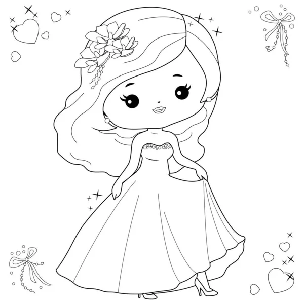 Beautiful Bride Cute Wedding Dress Vector Black White Coloring Page — Stock Vector