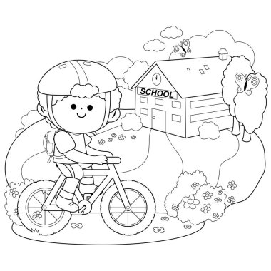 Boy riding a bicycle to school. Vector black and white coloring page