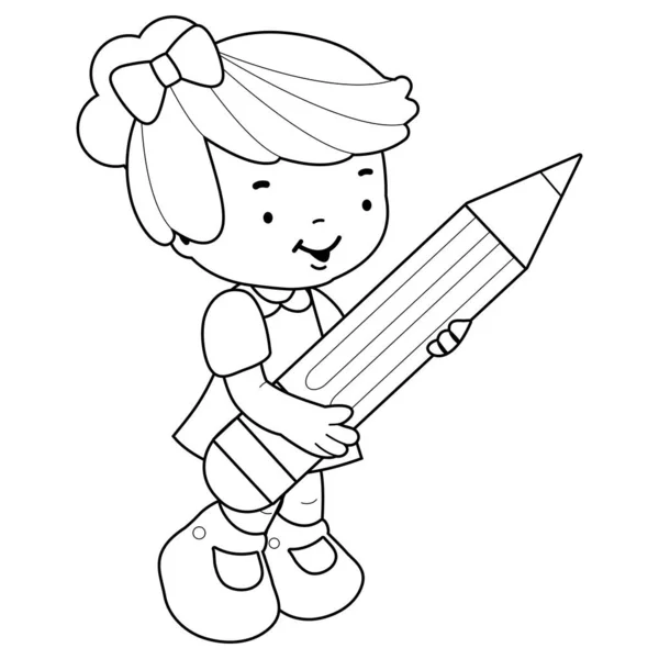 Little Girl Student Holding Big Pencil Vector Black White Coloring — Vetor de Stock