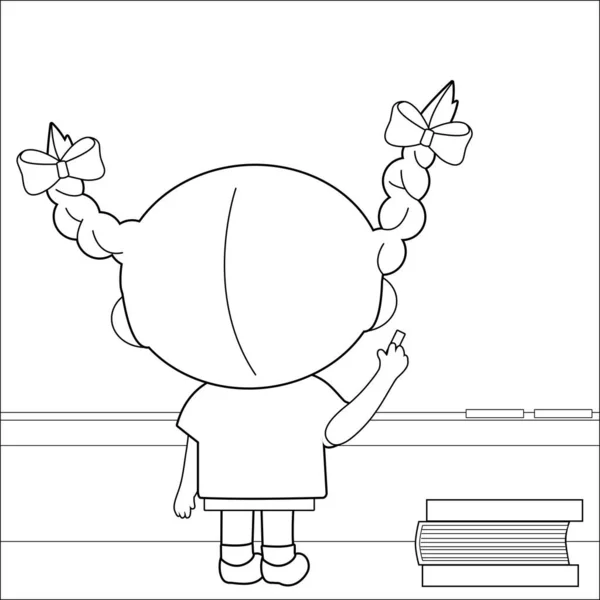 Girl Student Classroom Writing Chalkboard Vector Black White Coloring Page — Stok Vektör