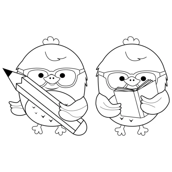 Cute Chick Students Reading Writing Vector Black White Coloring Page — Archivo Imágenes Vectoriales