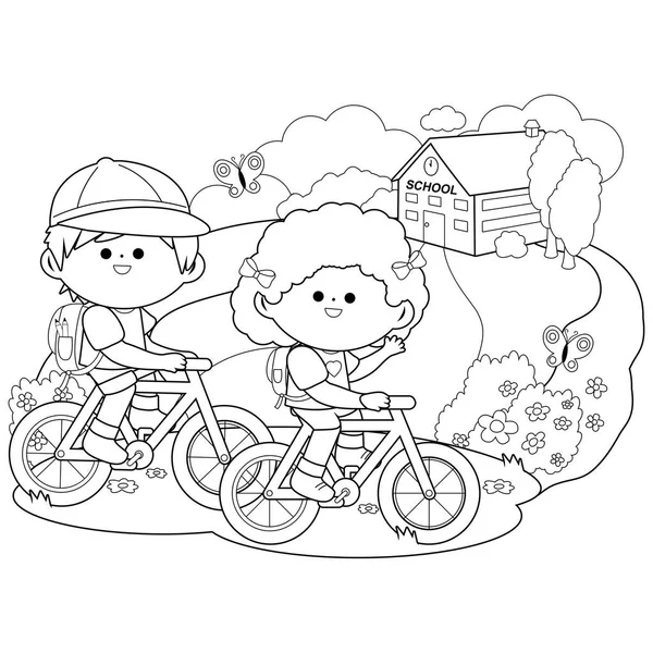 Children Riding Bicycles School Vector Black White Coloring Page —  Vetores de Stock