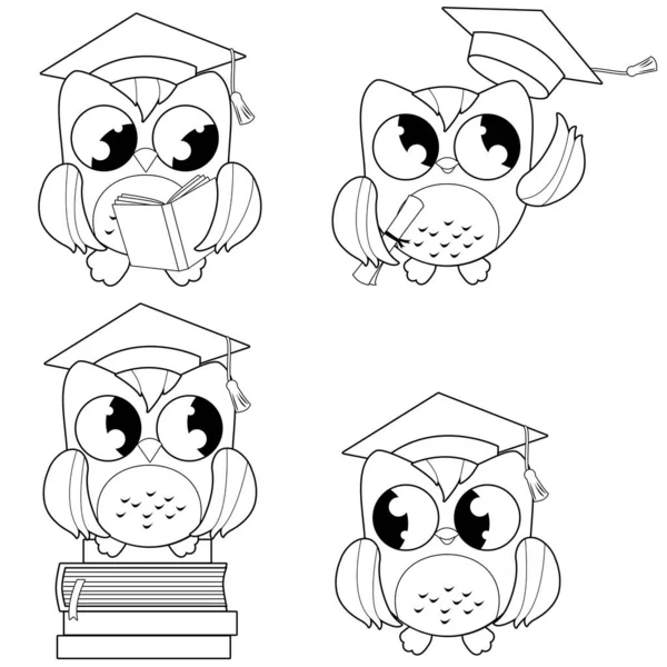 Set Cute Owls Graduation Hats Vector Black White Coloring Page — Archivo Imágenes Vectoriales