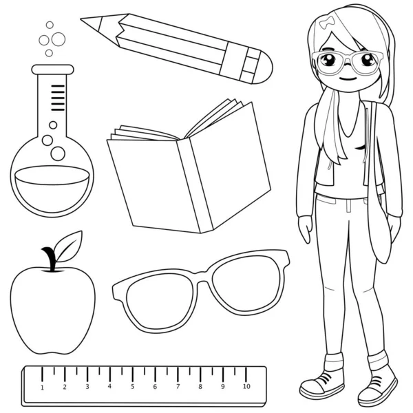 Student Girl Set School Objects Vector Black White Coloring Page — Archivo Imágenes Vectoriales