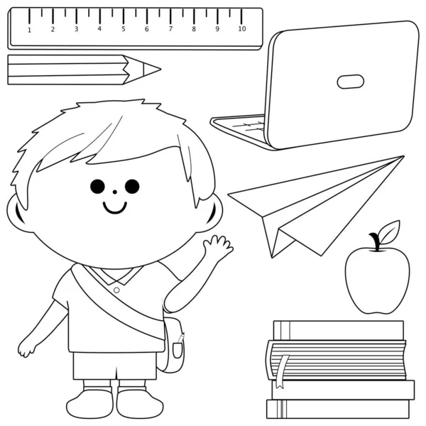 Student Boy Set School Objects Vector Black White Coloring Page — Vetor de Stock