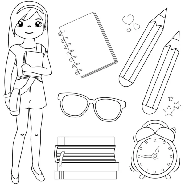 Student Girl Set School Objects Vector Black White Coloring Page — Stock vektor