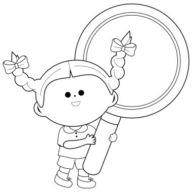 Little girl holding a magnifying glass. Vector black and white coloring page