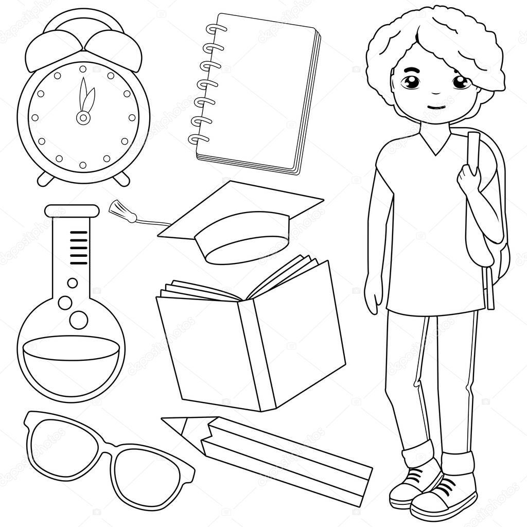Student boy and set of school objects. Vector black and white coloring page