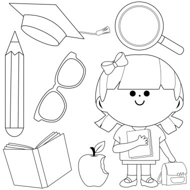 Student girl and set of school objects. Vector black and white coloring page