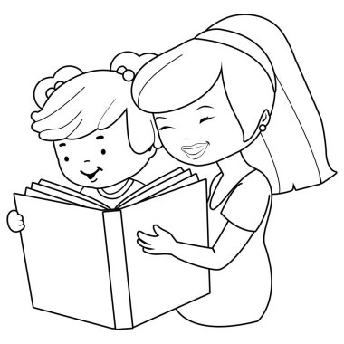 Mother and child reading a book. Vector black and white coloring page
