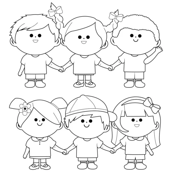 Group Children Holding Hands Vector Black White Coloring Page - Stok Vektor