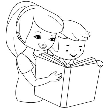 Mother and child reading a book. Vector black and white coloring page