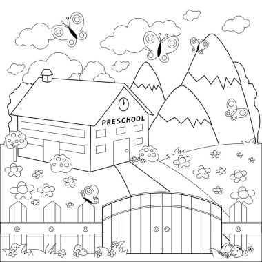 Anaokulu binası ve ahşap çit. Vektör siyah ve beyaz renk sayfası